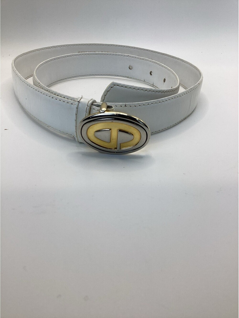 Christian Dior Genuine Leather Belt White With Gold And Silver Oval Buckle